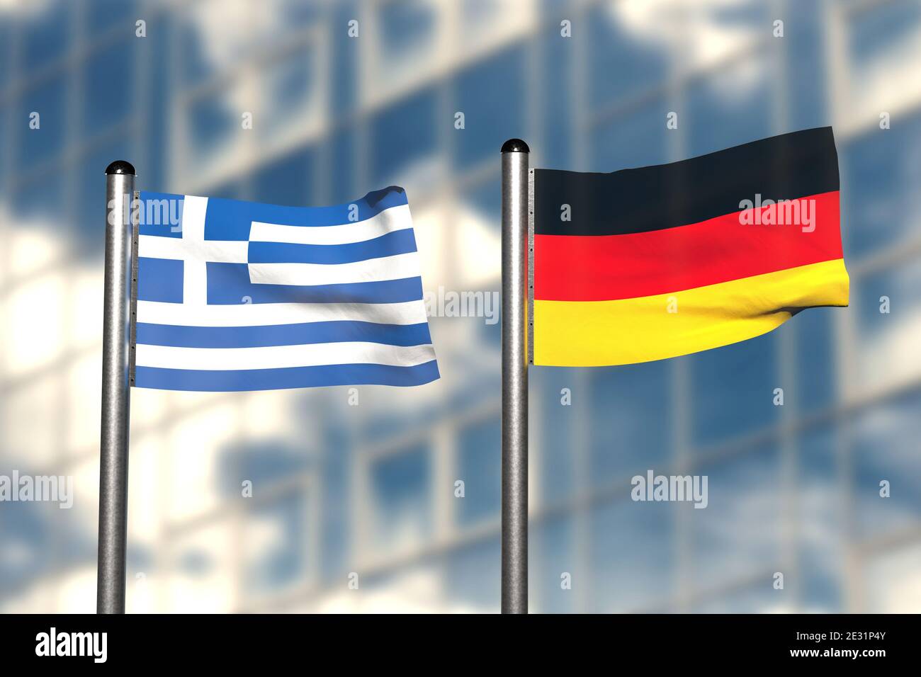 Rendering 3d di una bandiera di Grecia e Germania, di fronte a uno sfondo sfocato, con un palo in acciaio Foto Stock