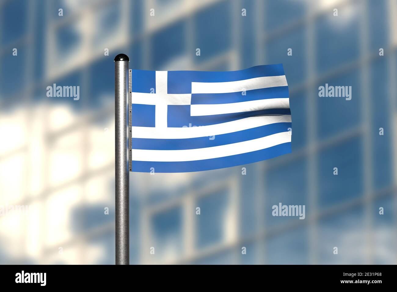 Rendering 3d di una bandiera della Grecia, di fronte a uno sfondo sfocato, con un flagpole in acciaio Foto Stock