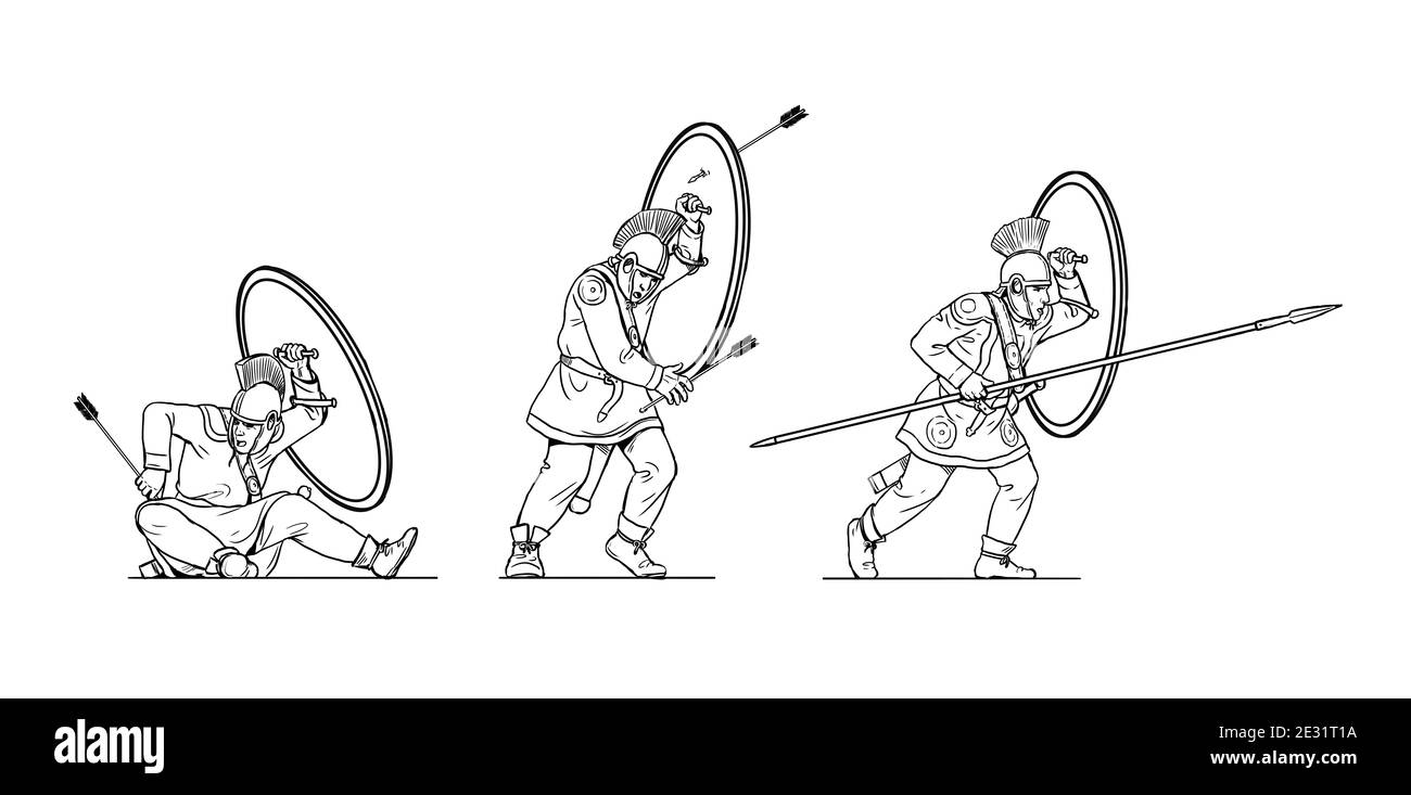 Soldati romani tardi durante la battaglia. Attacco dell'esercito romano. Set di 3 guerrieri. Disegno di contorno. Foto Stock