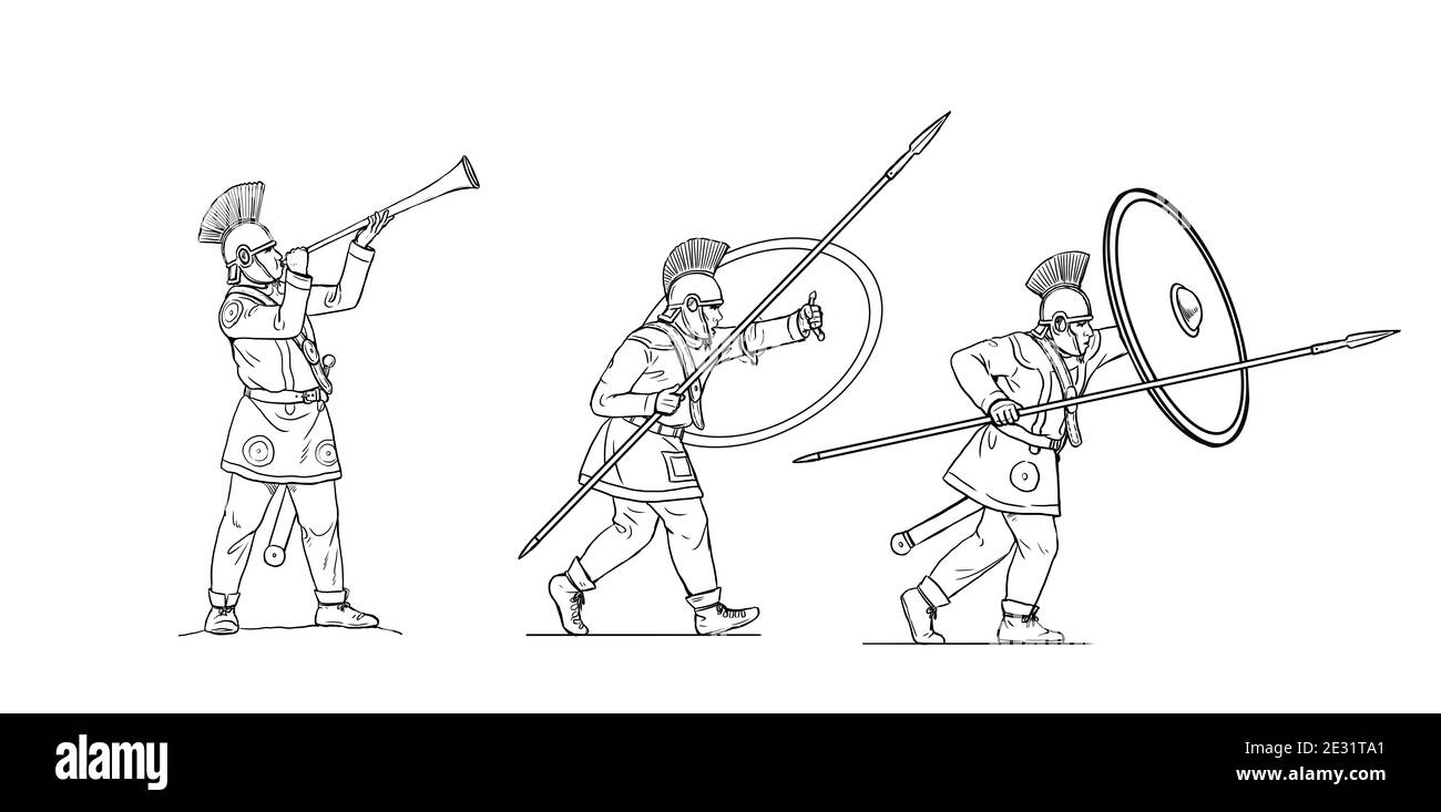 Soldati romani tardi durante la battaglia. Attacco dell'esercito romano. Set di 3 guerrieri. Disegno di contorno. Foto Stock