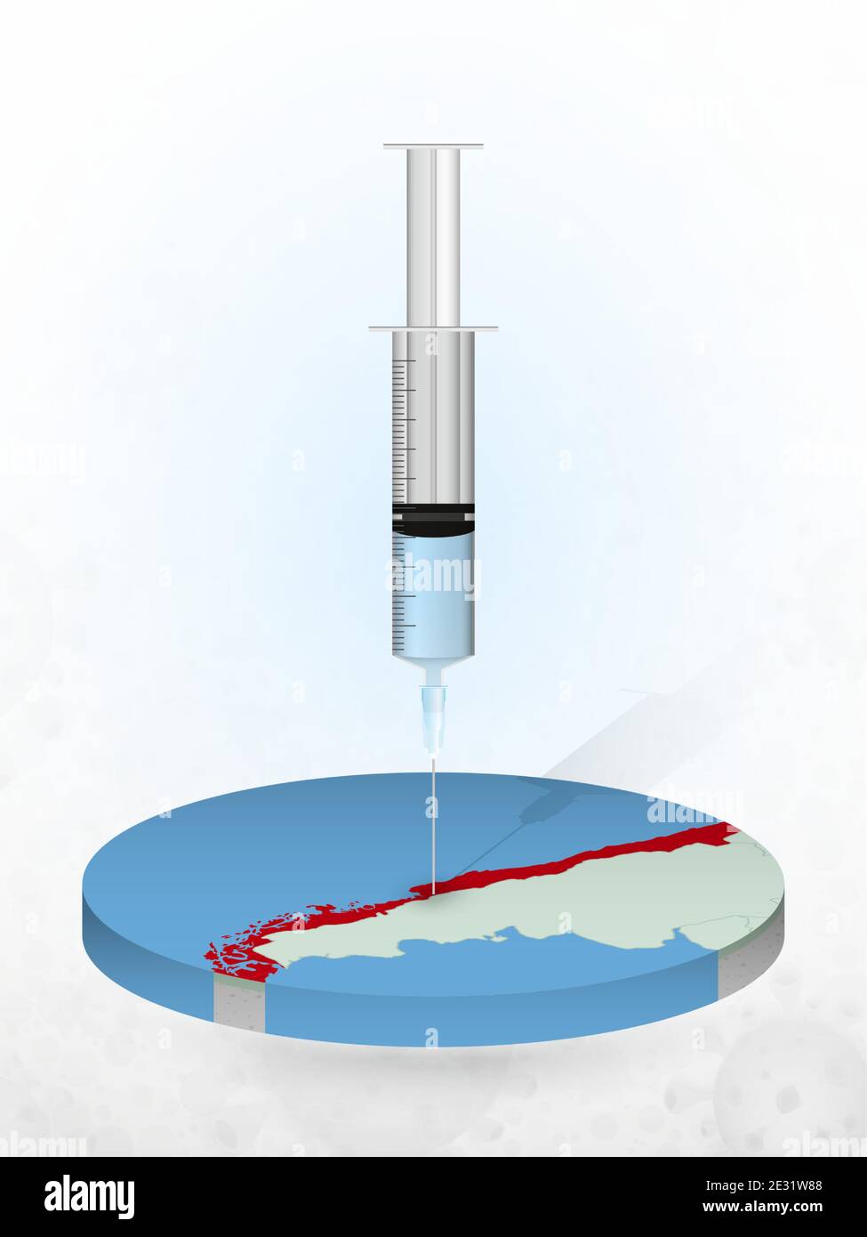 Vaccinazione del Cile, iniezione di una siringa in una mappa del Cile. Illustrazione vettoriale di una siringa con vaccino e mappa. Illustrazione Vettoriale