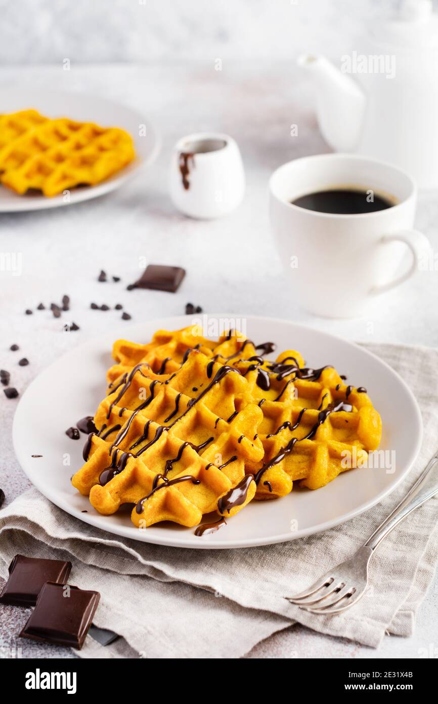 Cialde di zucca con cioccolato e zucchero a velo su sfondo chiaro e vecchio tavolo rustico per la colazione. Vista dall'alto. Foto Stock