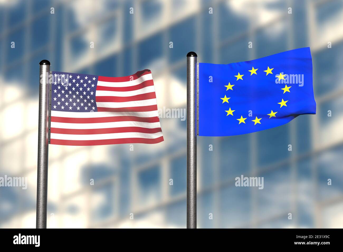 Rendering 3d di una bandiera di Stati Uniti ed Europa, davanti a uno sfondo sfocato, con un palo in acciaio Foto Stock