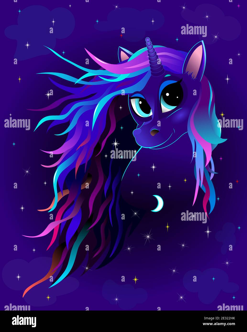 Un unicorno con una mane multicolore contro un cielo scuro con stelle lucenti. Illustrazione Vettoriale