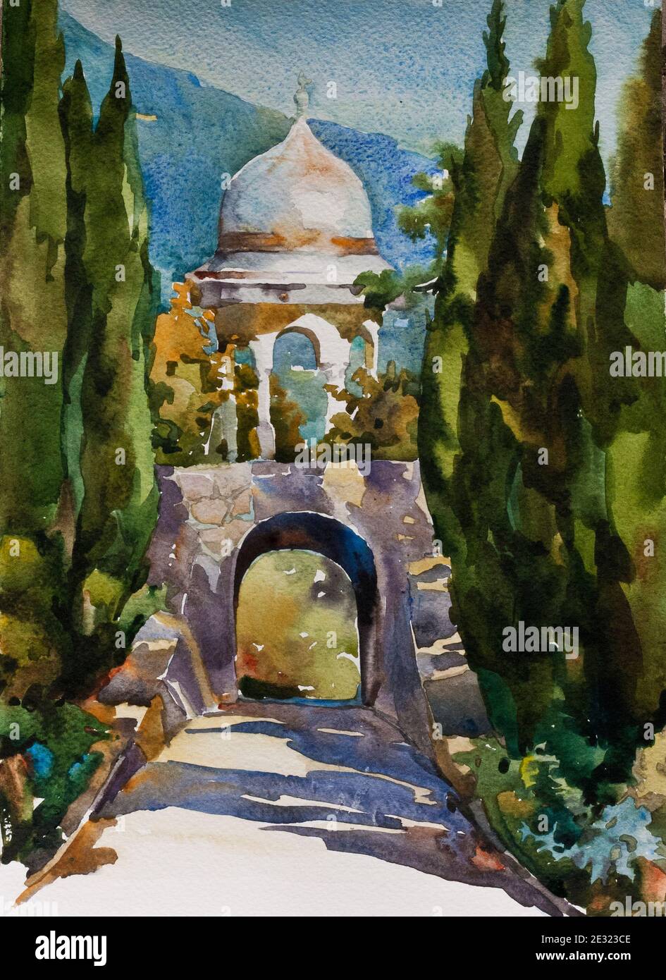 acquerello paesaggio os soleggiato strada in arco con un pergola ascendente. Foto Stock