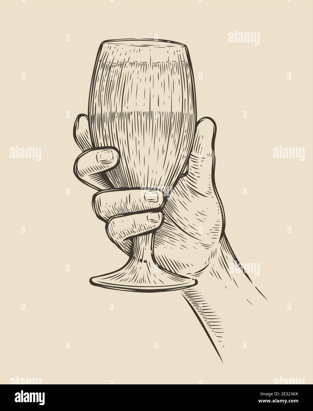 Mano con un bicchiere di birra. Illustrazione vettoriale dello schizzo della bevanda alcolica Illustrazione Vettoriale