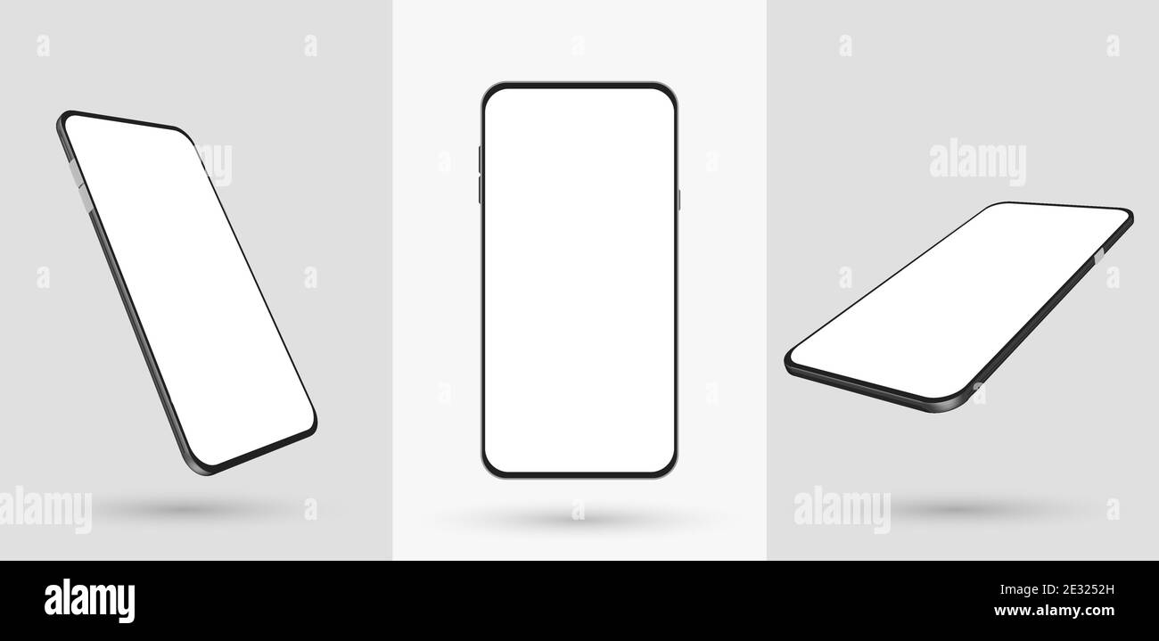 Mockup dello smartphone in posizione ruotata. Mobile da diverse angolazioni con schermo vuoto. Modello per dispositivo realistico 3D di presentazione. Vettore Illustrazione Vettoriale