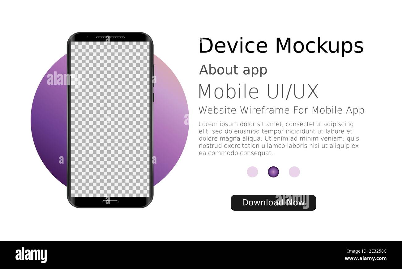 Schermo vuoto dello smartphone, modello del telefono con cerchio viola. Modello moderno per infografiche o interfaccia di progettazione dell'interfaccia utente di presentazione. Illustrazione vettoriale Illustrazione Vettoriale