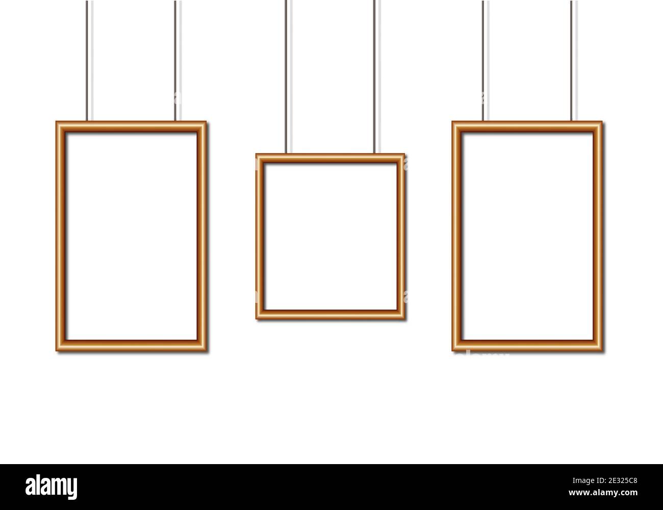 Set di cornici dorate con stile mock-up. Vuoto isolato per la foto. Cartolina fotografica vuota su sfondo bianco. Illustrazione vettoriale isolata. Illustrazione Vettoriale