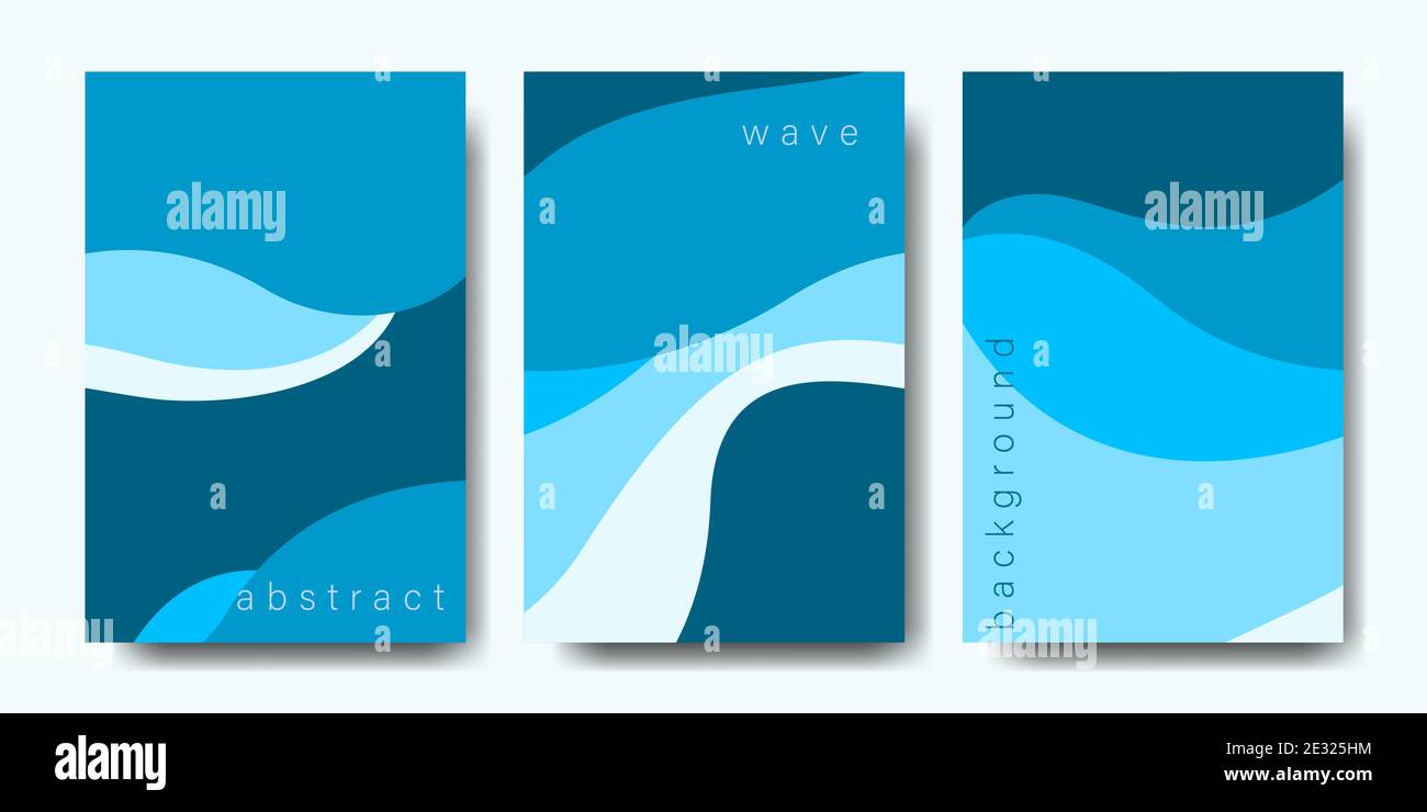 Set di coperture di sfondo con elementi a forma d'onda. Carta da parati astratta in colori blu. Illustrazione vettoriale per banner, riviste, copertine, brochure. Illustrazione Vettoriale
