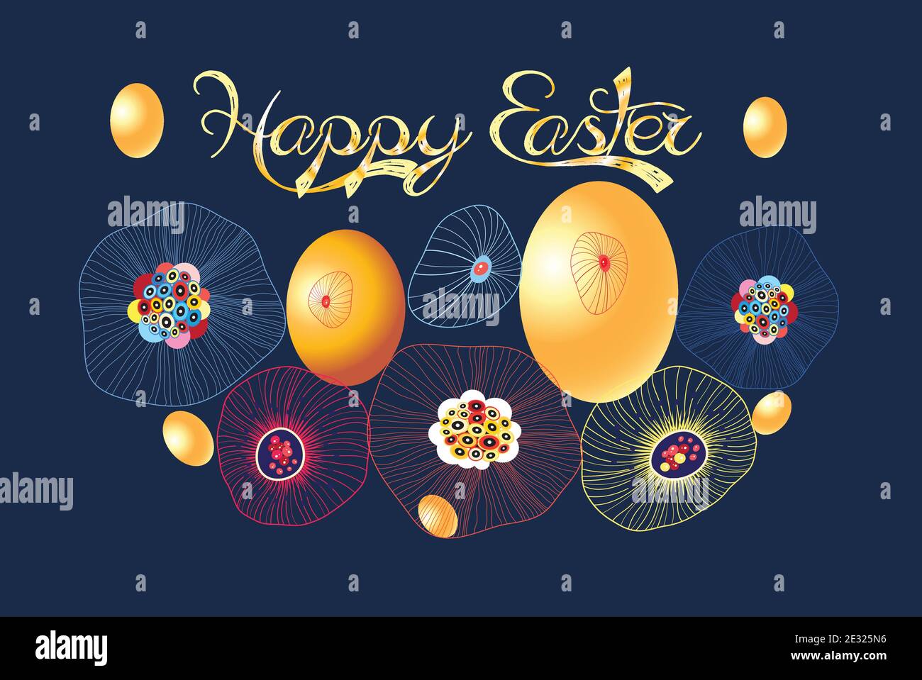 Festa primavera card per Pasqua con uova e astrazioni. Carta di Pasqua brillante per un sito web o banner Illustrazione Vettoriale