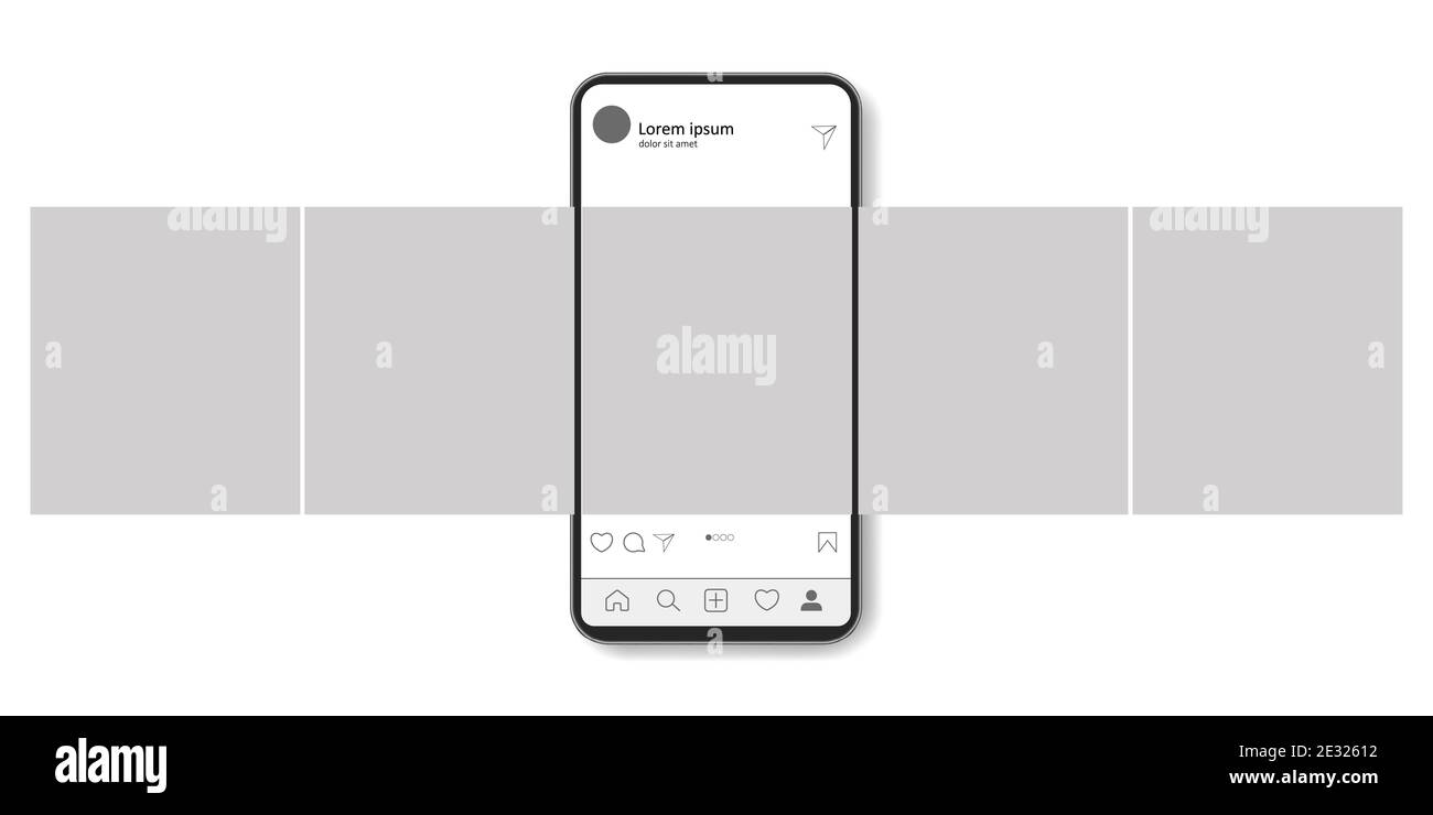 Interfaccia carosello post sul social network. Simulazione di smartphone. Applicazione mobile sullo schermo di un telefono realistico. Vettore su sfondo bianco. Illustrazione Vettoriale