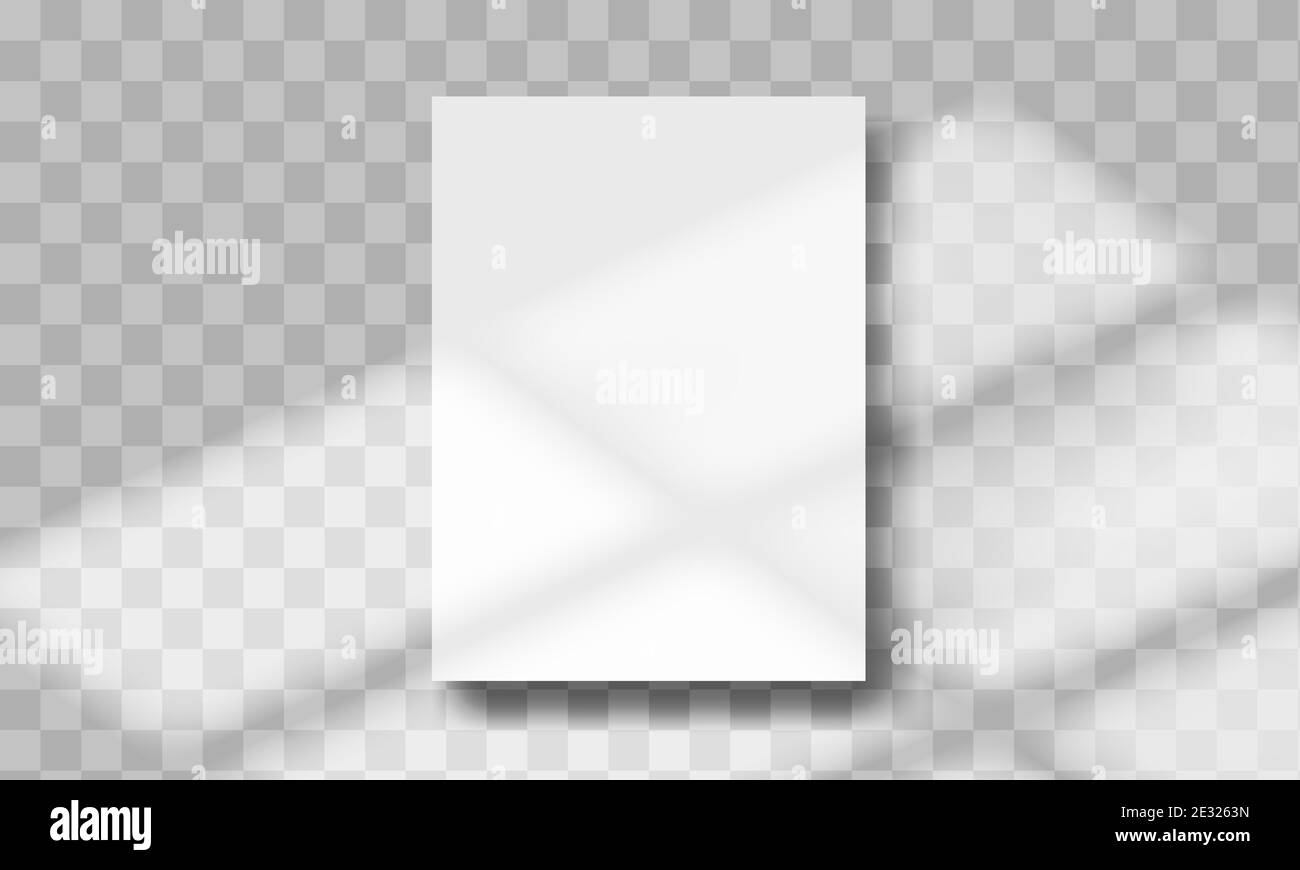 Modello del formato foglio di carta A4. Effetto della finestra di sovrapposizione delle ombre. Modello con luce solare. Illustrazione vettoriale isolata su sfondo trasparente. Illustrazione Vettoriale