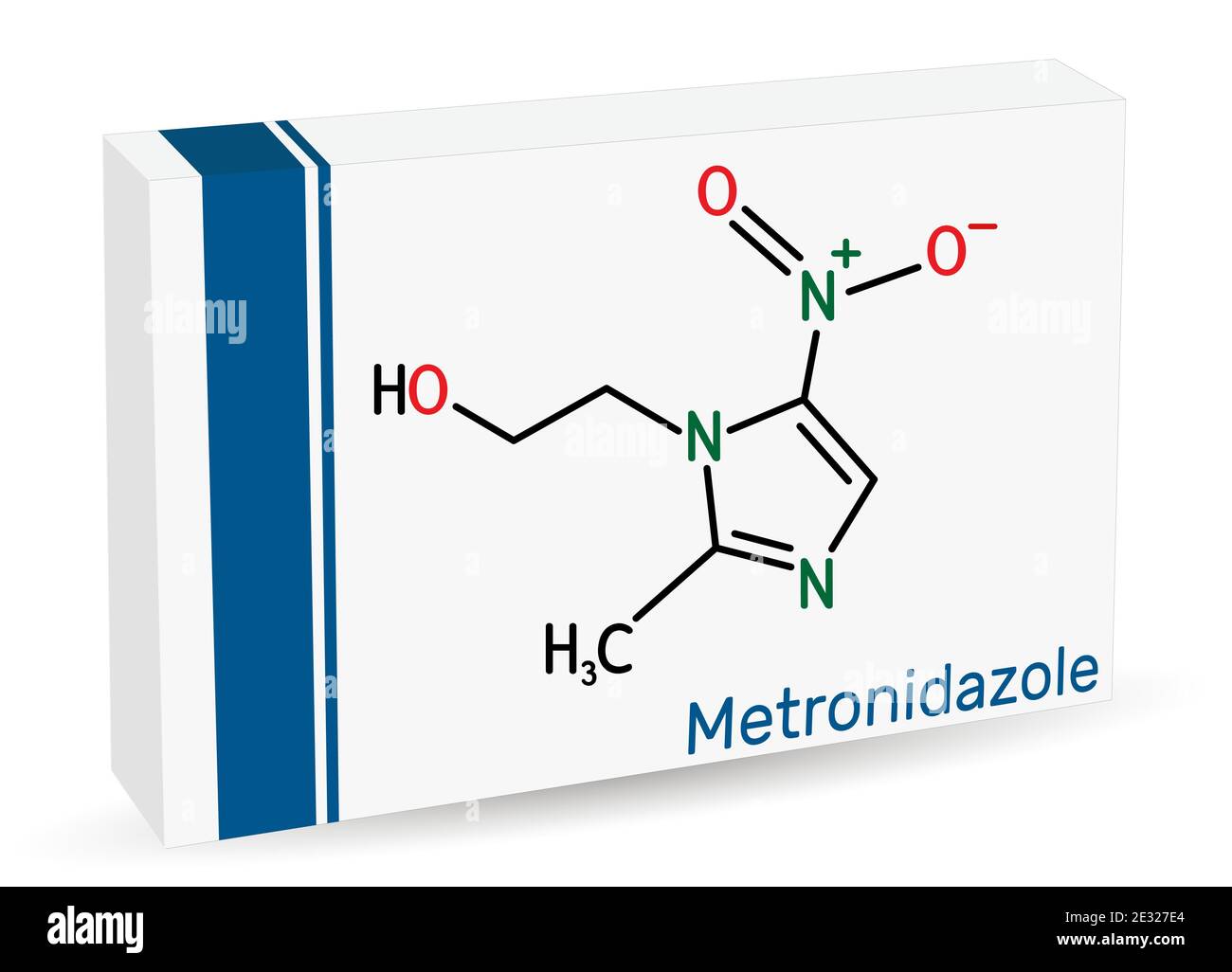 Metronidazolo, molecola di farmaco antiprotozoale. È un antibiotico appartenente alla classe degli antibiotici nitroimidazolici. Formula chimica strutturale Illustrazione Vettoriale