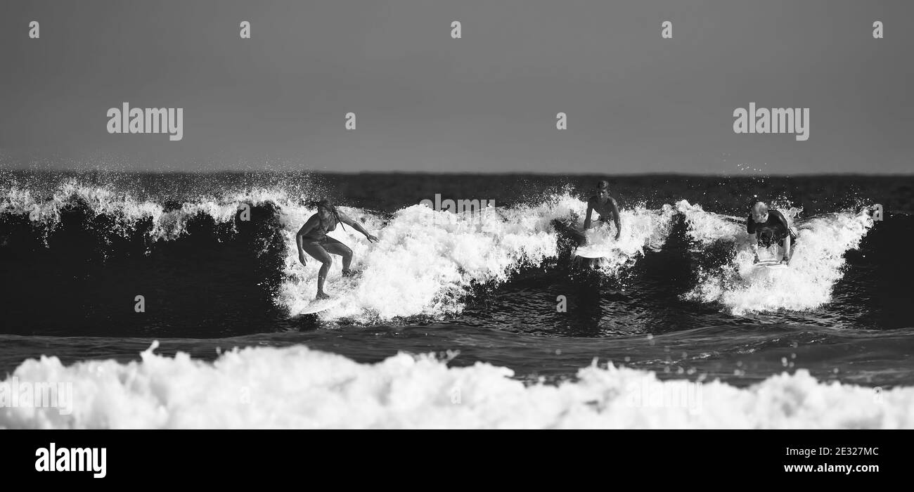 Scuola di surf, studenti in attesa della prima ondata. Surfista sull'onda, bellissima onda sull'oceano. Sport acquatici. Oceano Atlantico, Repubblica Dominicana. Foto Stock