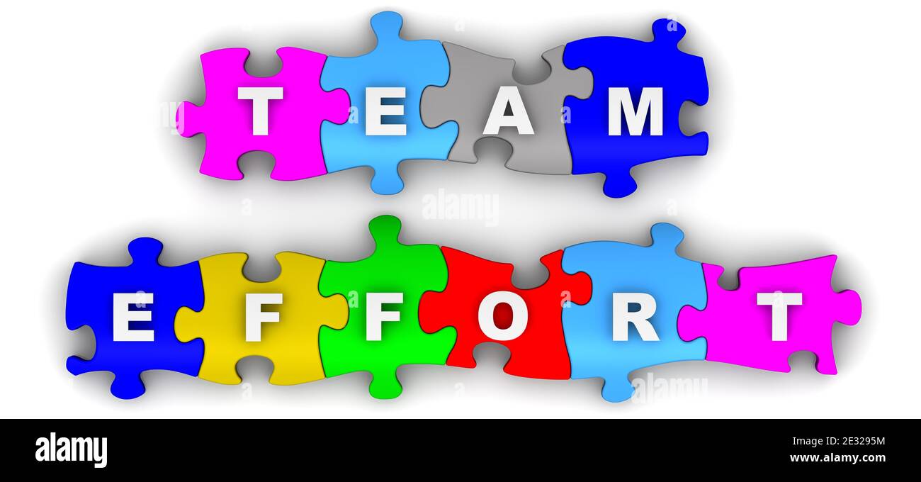 Sforzo di squadra. Testo sui puzzle multicolore. Iscrizione bianca SQUADRA SFORZO su puzzle colorati su sfondo bianco. Isolato. Illustrazione 3D Foto Stock
