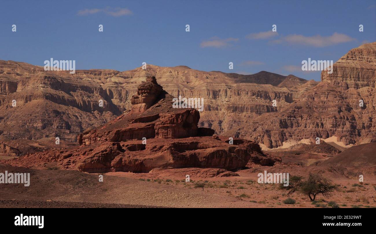 Affioramenti rocciosi con montagne desertiche sullo sfondo Foto Stock