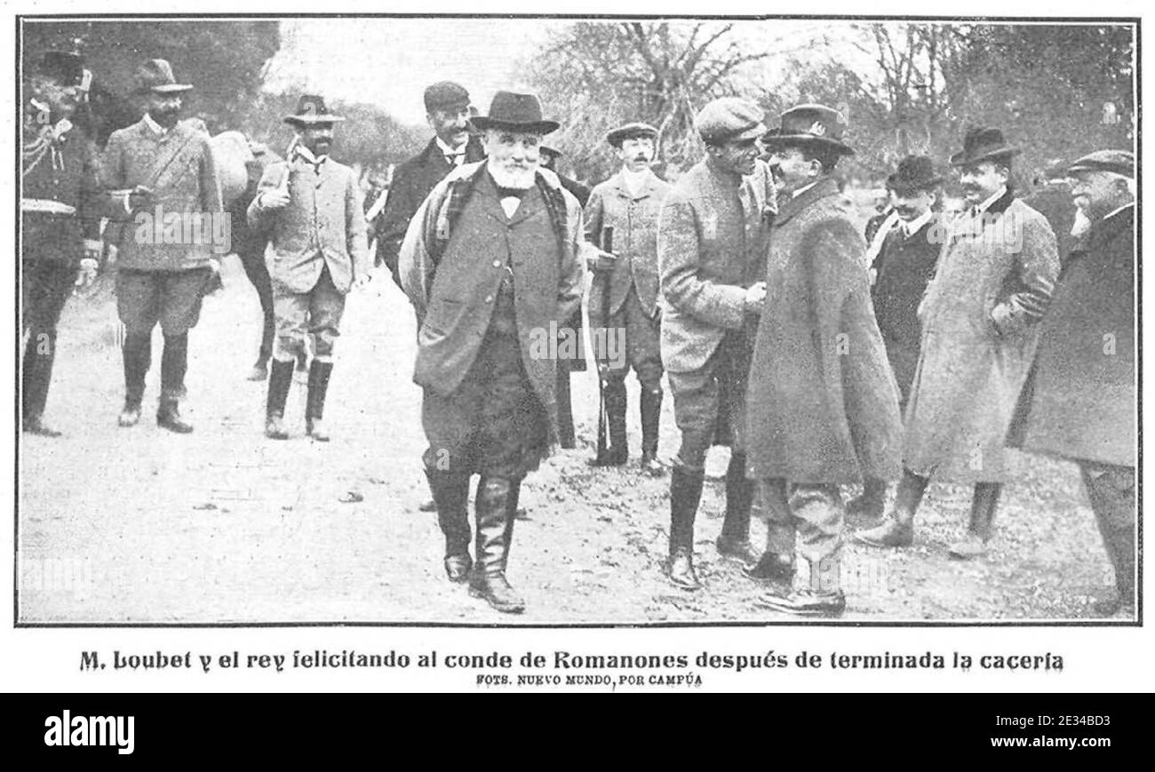 LOUBET y el rey felicitando al conde de Romanones después de terminada la cacería, de Campúa, Nuevo Mundo, 02-11-1905. Foto Stock