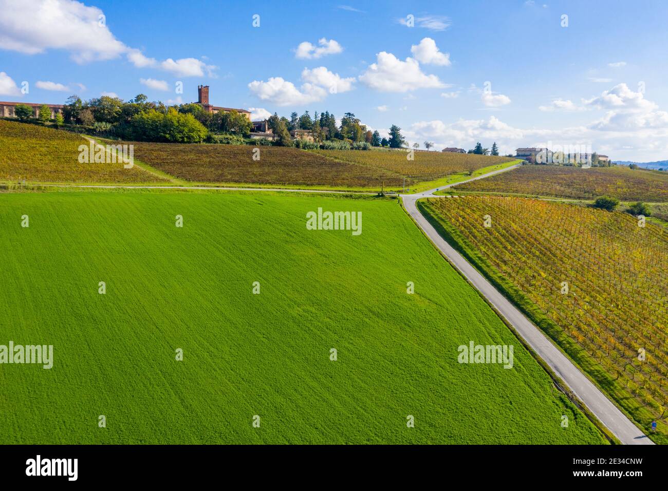 Vista aerea dei vigneti del Monferrato e del Castello di Uvoglie sullo sfondo. Il castello è famoso anche per la sua produzione vinicola Foto Stock