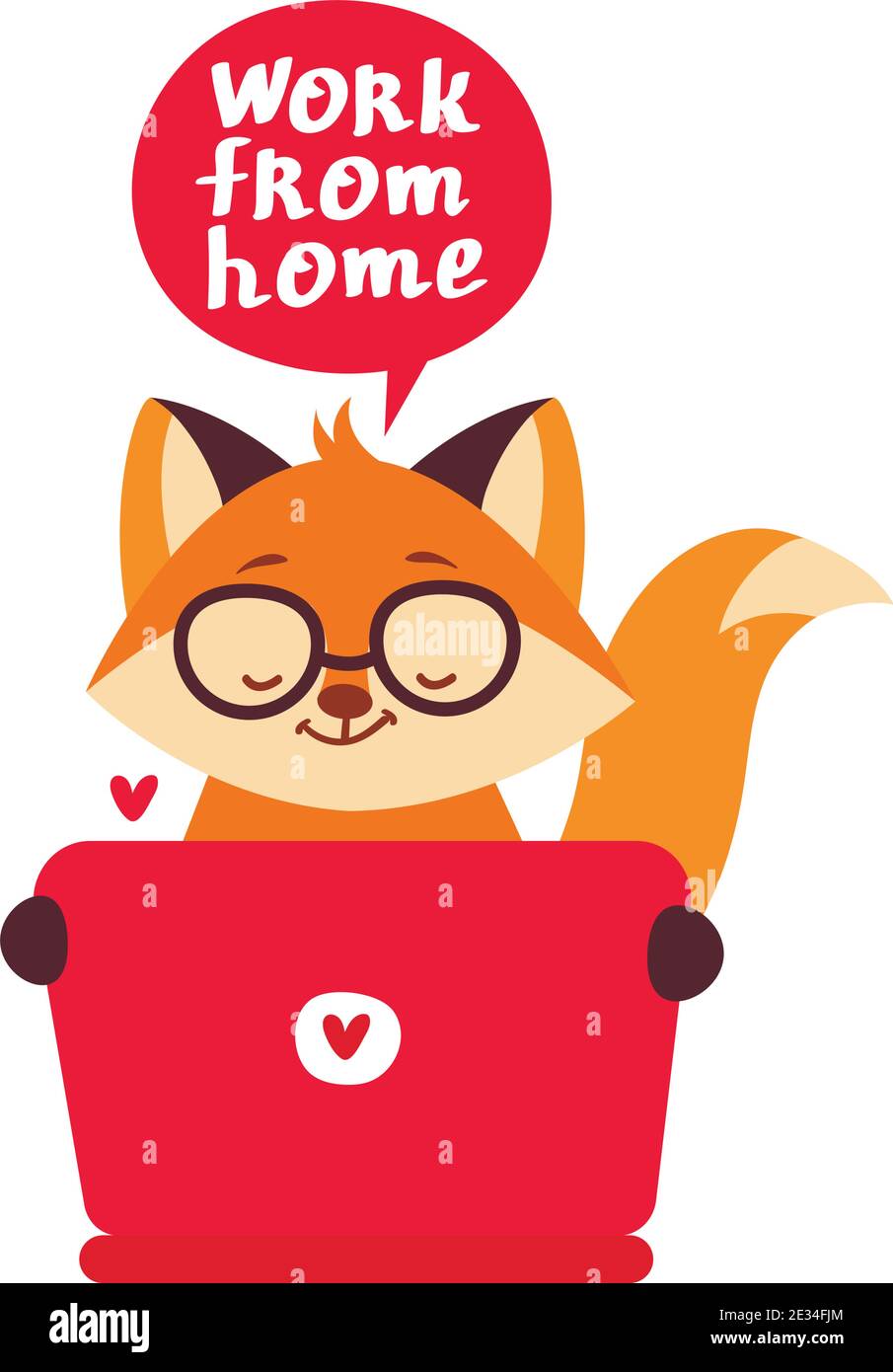 Little Fox si siede con il computer portatile e lavora da casa. Brillante illustrazione vettoriale con freelance in stile piatto. Carino personaggio cartoon. Illustrazione Vettoriale