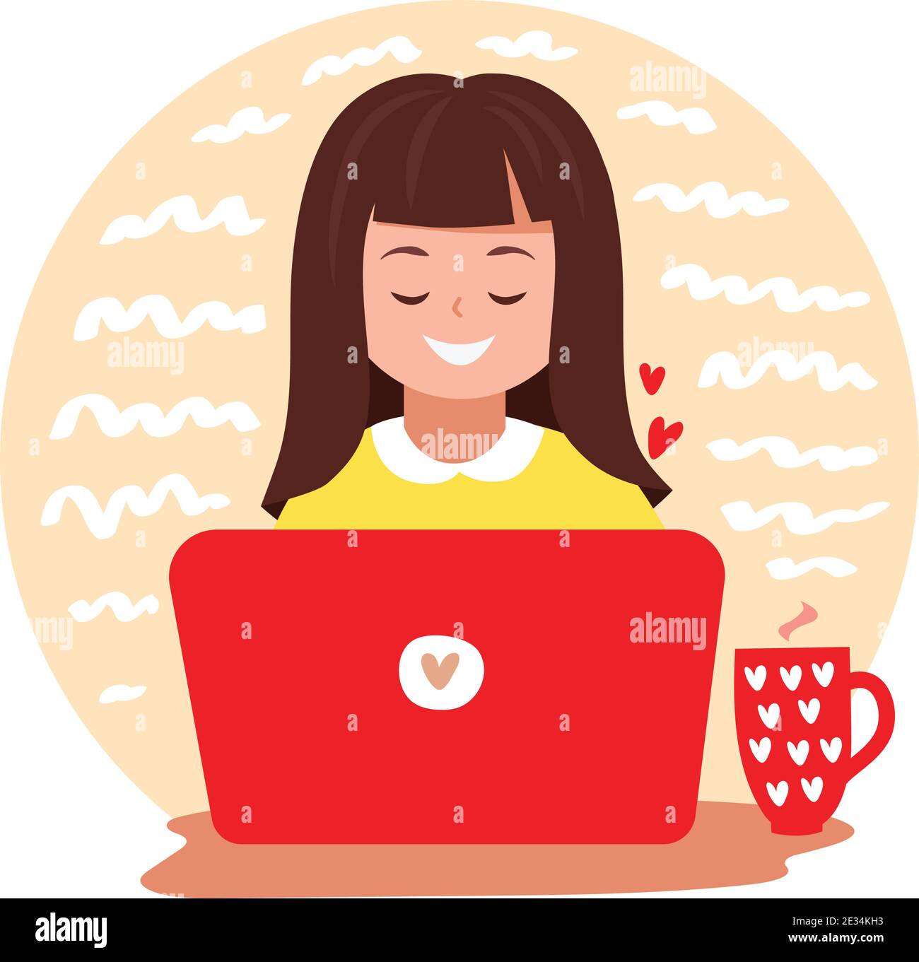 Carina ragazza lavora a un computer portatile. Concetto vettoriale per ambienti di lavoro, freelance, colleghi, aziende. Personaggio operaio femminile isolato su sfondo bianco. Illustrazione Vettoriale