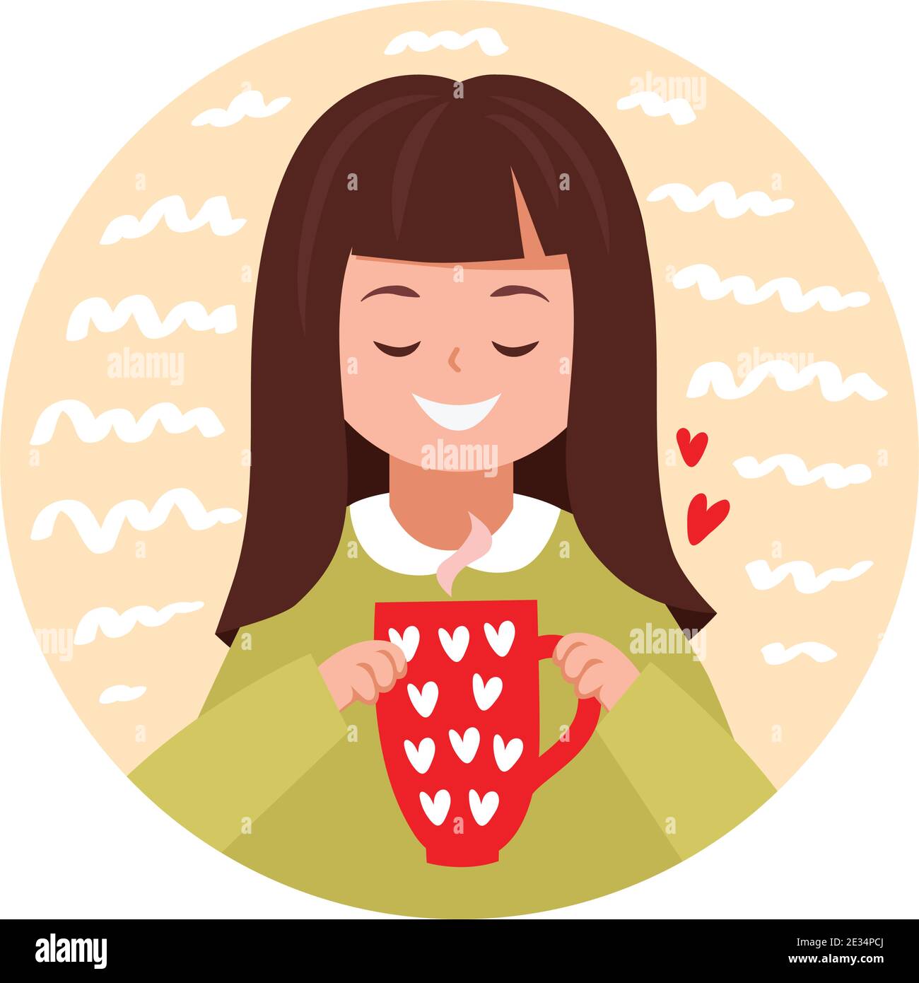Ragazza che beve tè o caffè, illustrazione vettoriale. Piatto carattere femminile con capelli scuri che reggono una tazza di vetro di tè o caffè. Illustrazione rotonda isolare Illustrazione Vettoriale