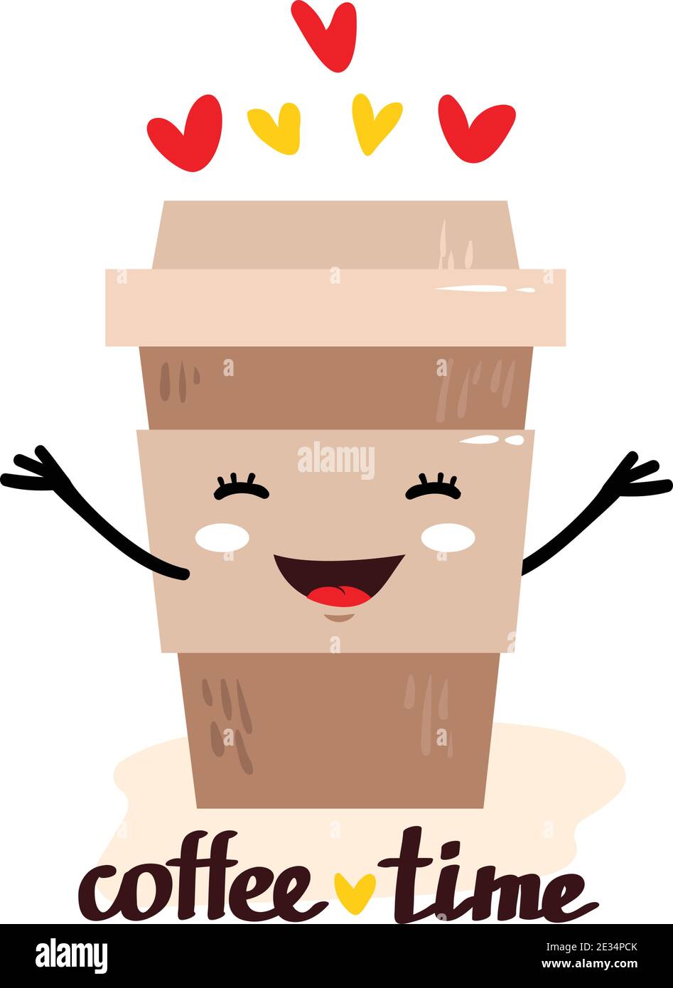 Simpatica illustrazione vettoriale di una tazza di caffè con cuore e mani. Felice carattere kawaii con volto sorridente, cuori e testo - tempo di caffè. Carta, posta Illustrazione Vettoriale