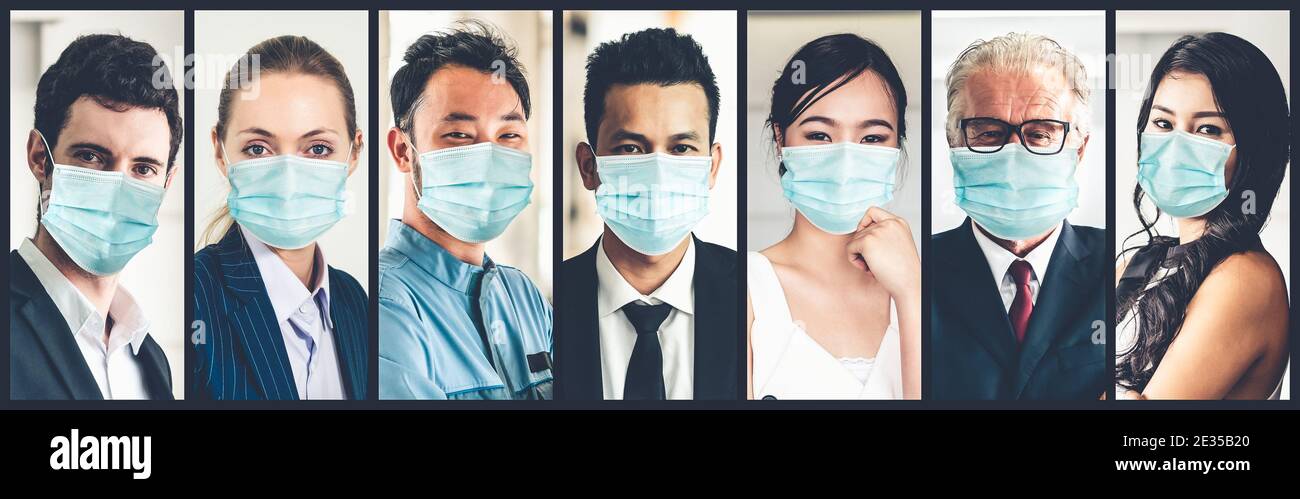 Persone diverse con maschera viso protetto da Coronavirus o COVID-19 foto set in banner concetto di persona che lotta 2019 malattia di coronavirus COVID-19 Foto Stock