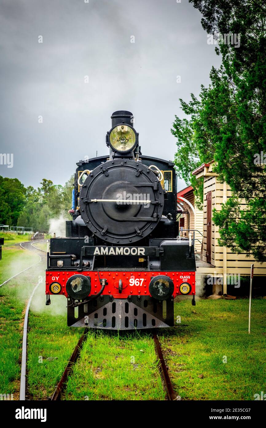 Un treno a vapore è trainato da una locomotiva di classe C17 completamente restaurata dai primi anni '20 lungo la linea ferroviaria Mary Valley Rattler. Foto Stock