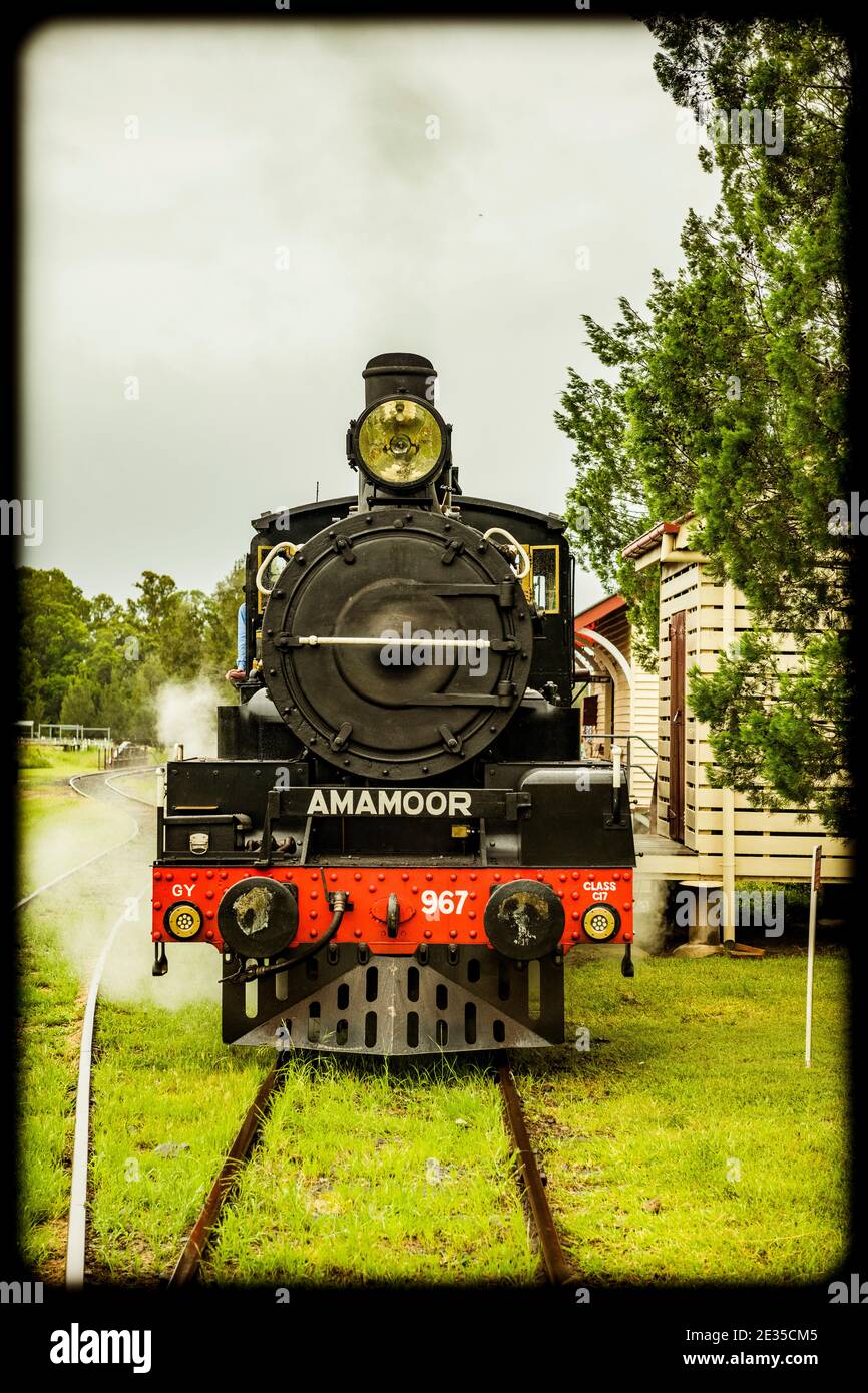 Un treno a vapore è trainato da una locomotiva di classe C17 completamente restaurata dai primi anni '20 lungo la linea ferroviaria Mary Valley Rattler. Foto Stock