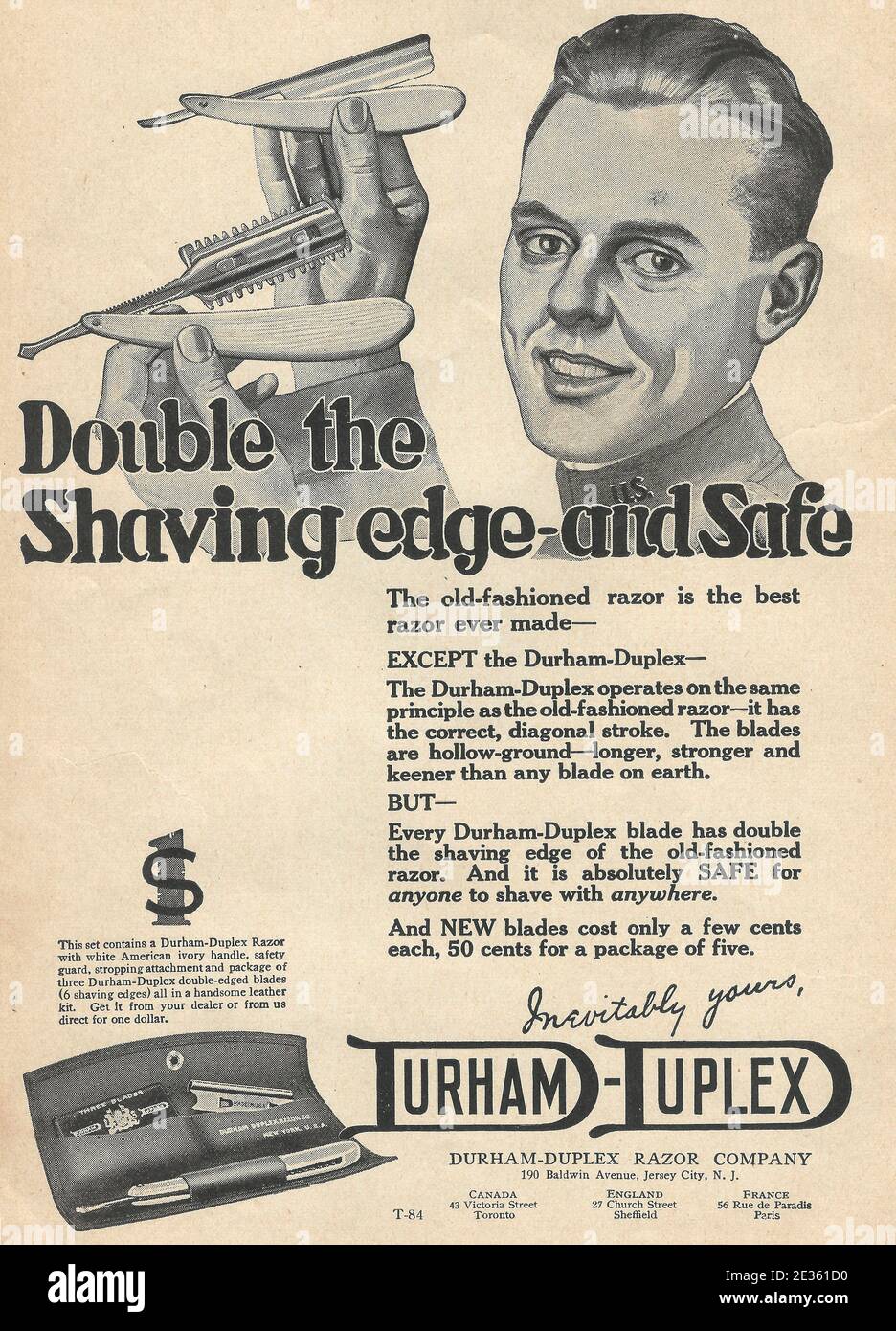 Raddoppia il bordo di rasatura e sicuro - Annuncio pubblicitario per Durham Duplex Razor Company, Jersey City, NJ, circa 1919 Foto Stock