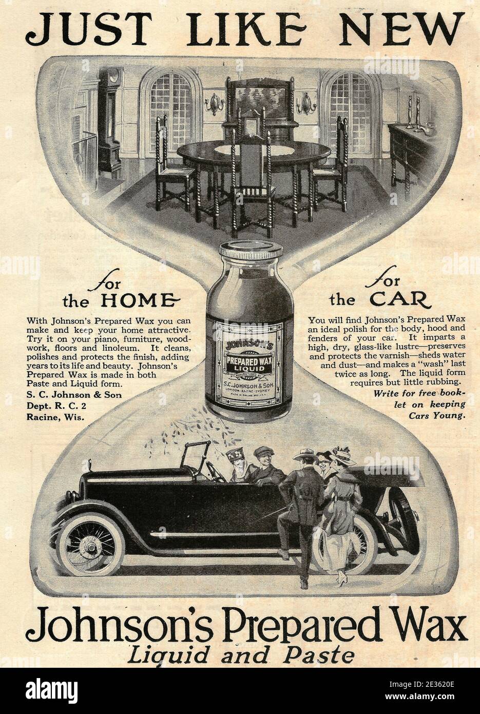 Appena come nuovo - Annuncio per la cera preparata di Johnson, liquido e pasta, circa 1919 Foto Stock