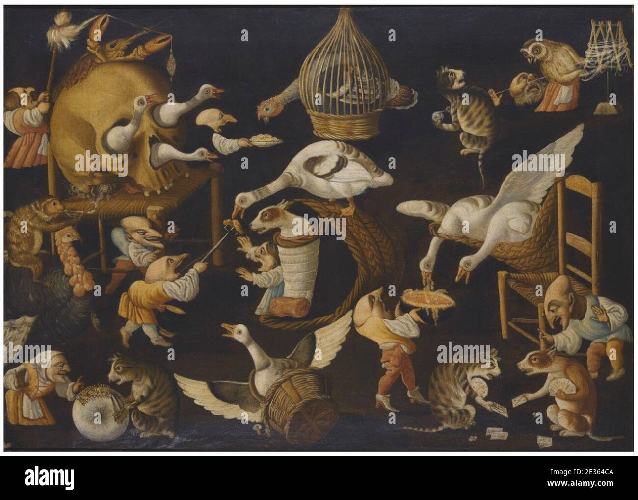 Maestro della Fertilità dell'uovo - una scena grottesca con animali che giocano e un cane avvolto in abiti ondolanti. Foto Stock