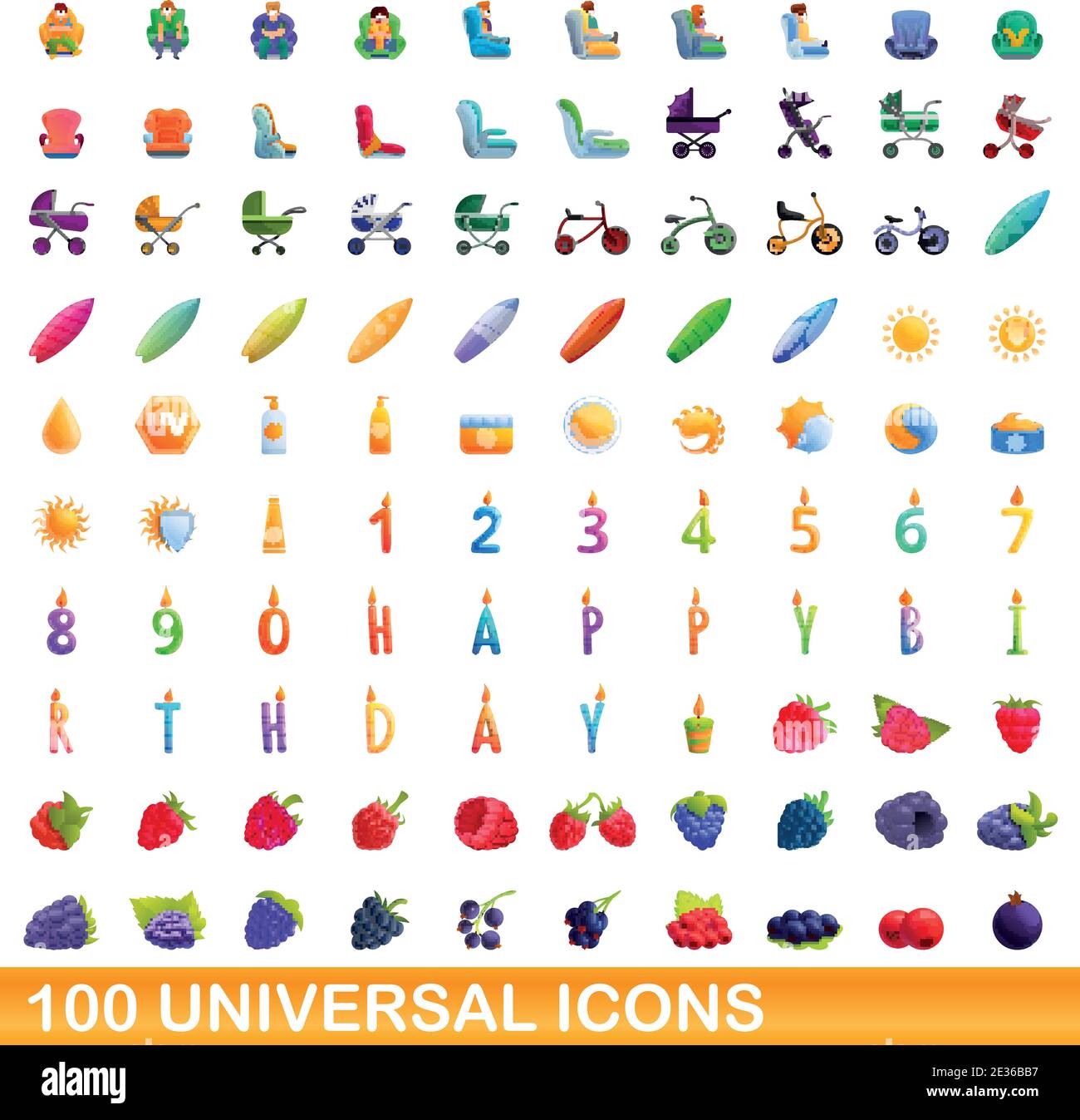 100 universal set di icone. Cartoon illustrazione di 100 icone universali set di vettore isolato su sfondo bianco Illustrazione Vettoriale