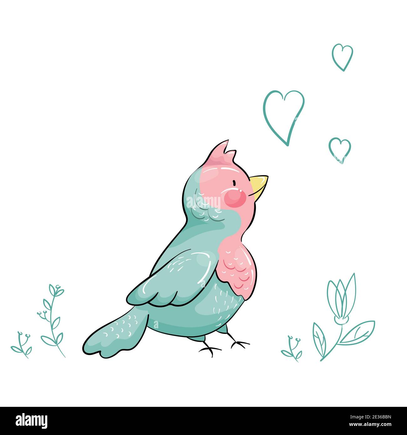 Little Green Bird si alza guardando con amore Illustrazione Vettoriale