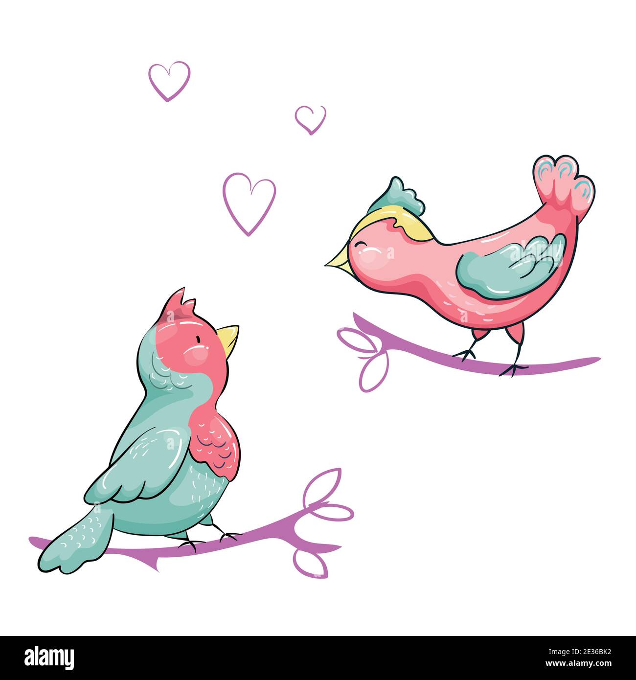 Cartoon Birds Flirt in piedi su rami di albero Illustrazione Vettoriale