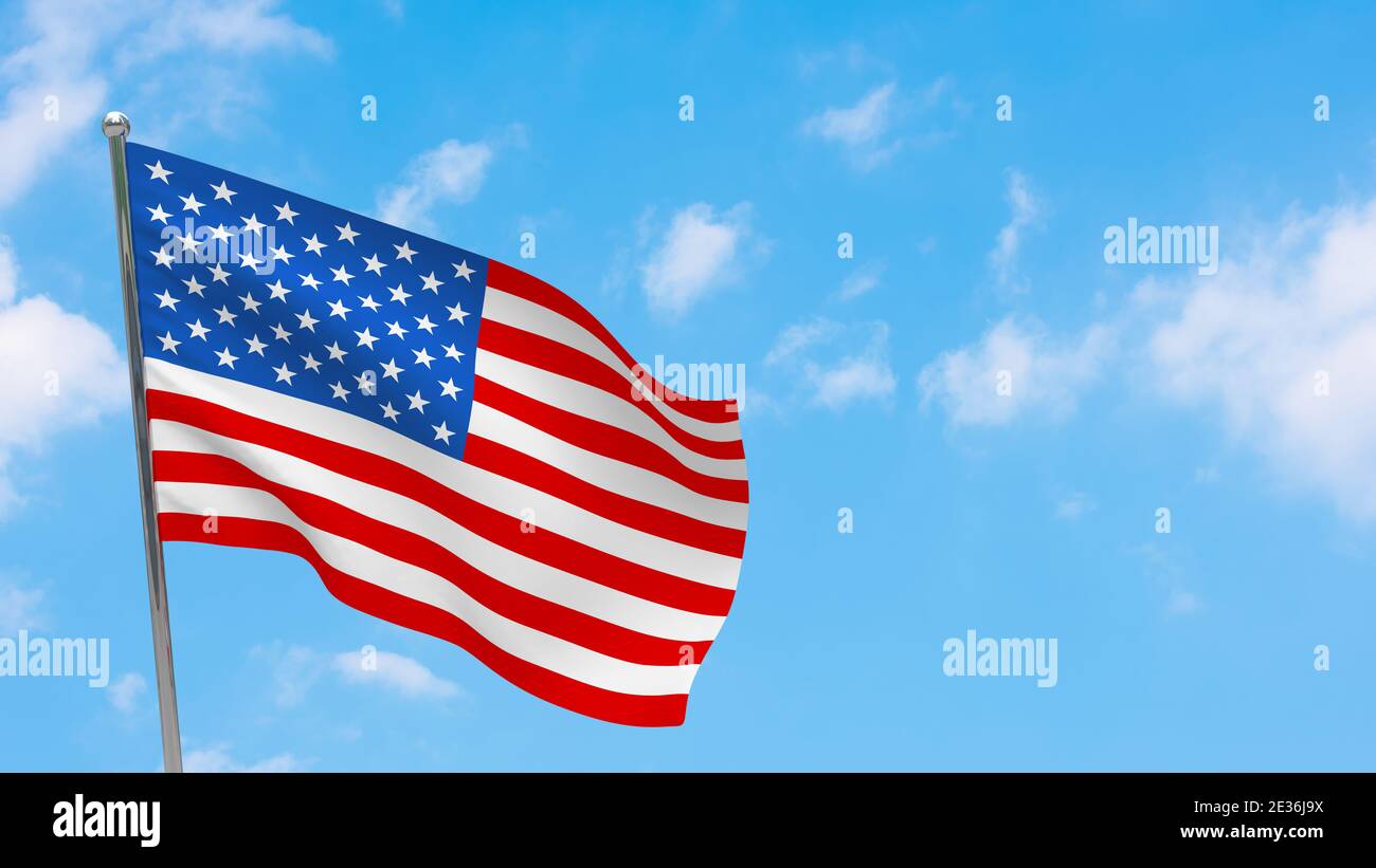 Bandiera degli Stati Uniti d'America in pole. Cielo blu. Bandiera nazionale degli Stati Uniti d'America Foto Stock