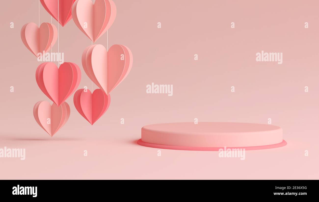 Podio di San Valentino con cuori di carta appesi in 3D rendering. Forma cilindrica per esposizione prodotti con concetto di giornata valentina. Colori rosa e rosso, Foto Stock