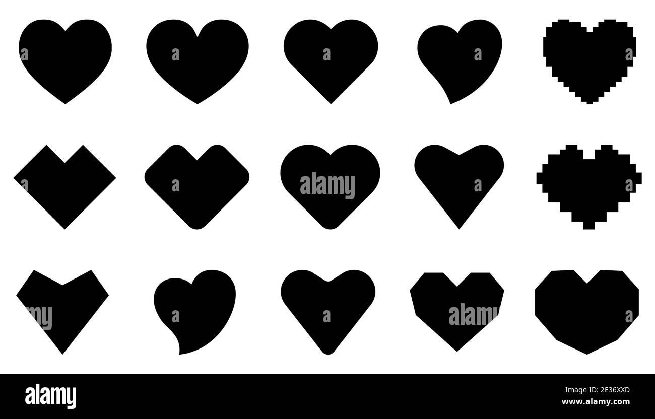 Icone del cuore impostate. Icone a cuore nero con design piatto. Simbolo d'amore isolato. Illustrazione vettoriale. Illustrazione Vettoriale