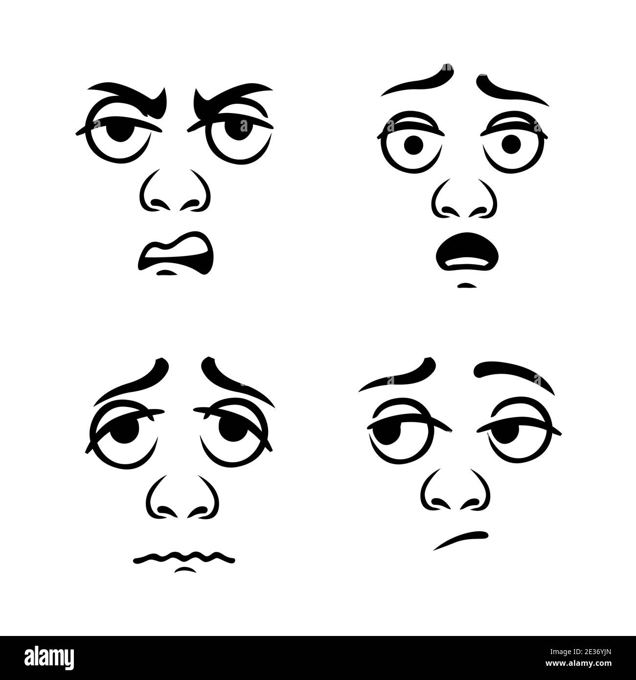 Espressione emozioni negative. I personaggi scontenti si trasformano in incertezza e paura. Illustrazione Vettoriale
