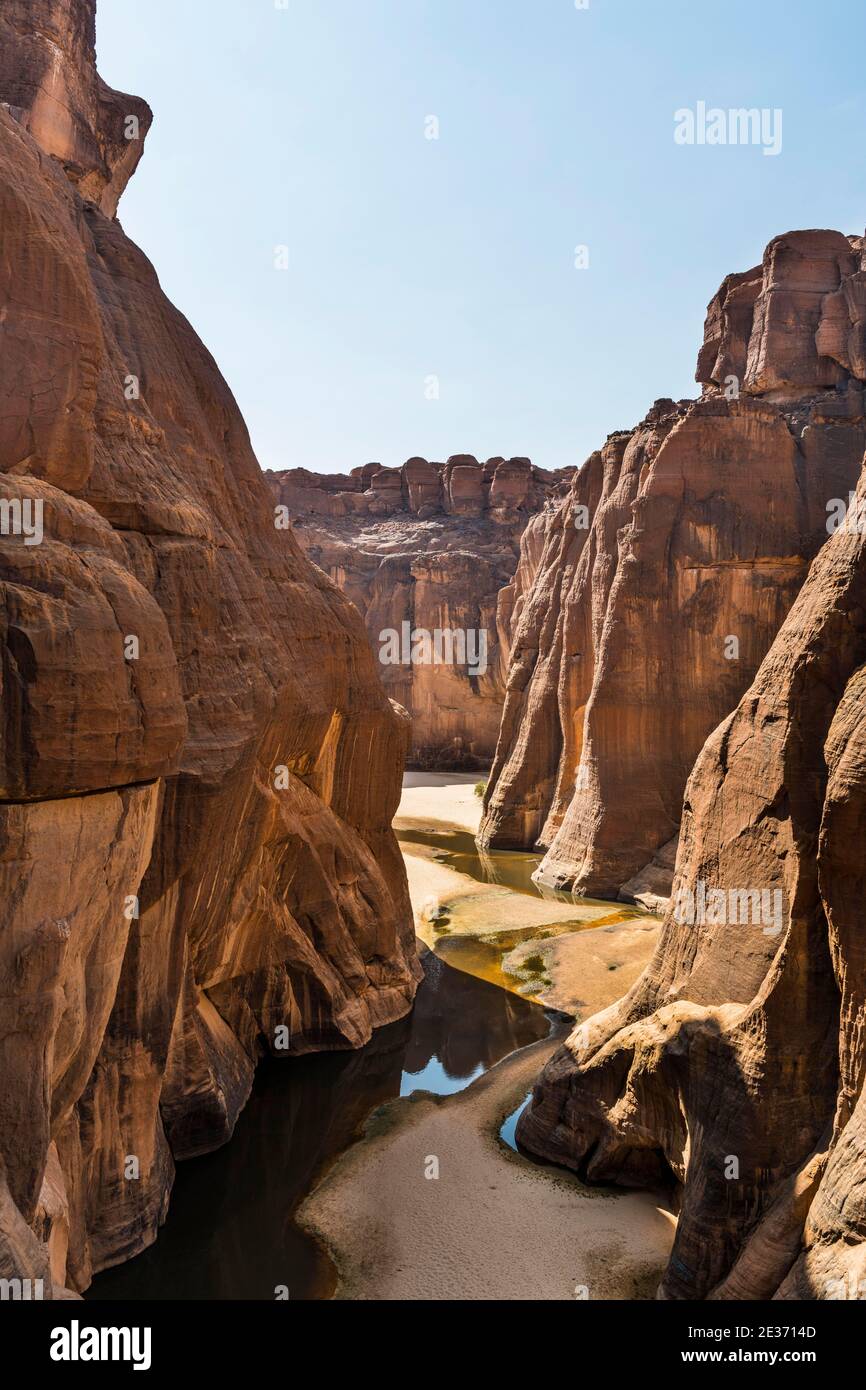 Gola rocciosa, waterhole Guelta d'Archei, altopiano di Ennedi, Ciad Foto Stock