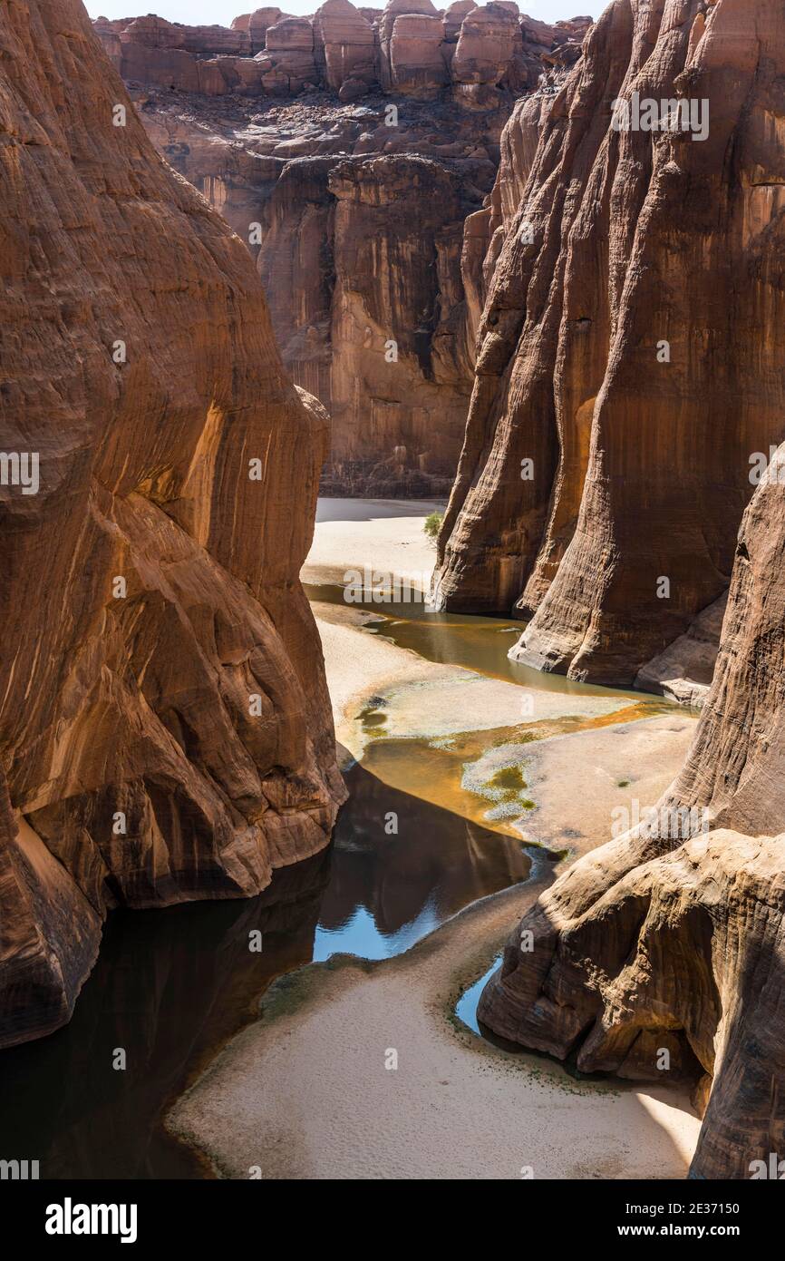 Gola rocciosa, waterhole Guelta d'Archei, altopiano di Ennedi, Ciad Foto Stock