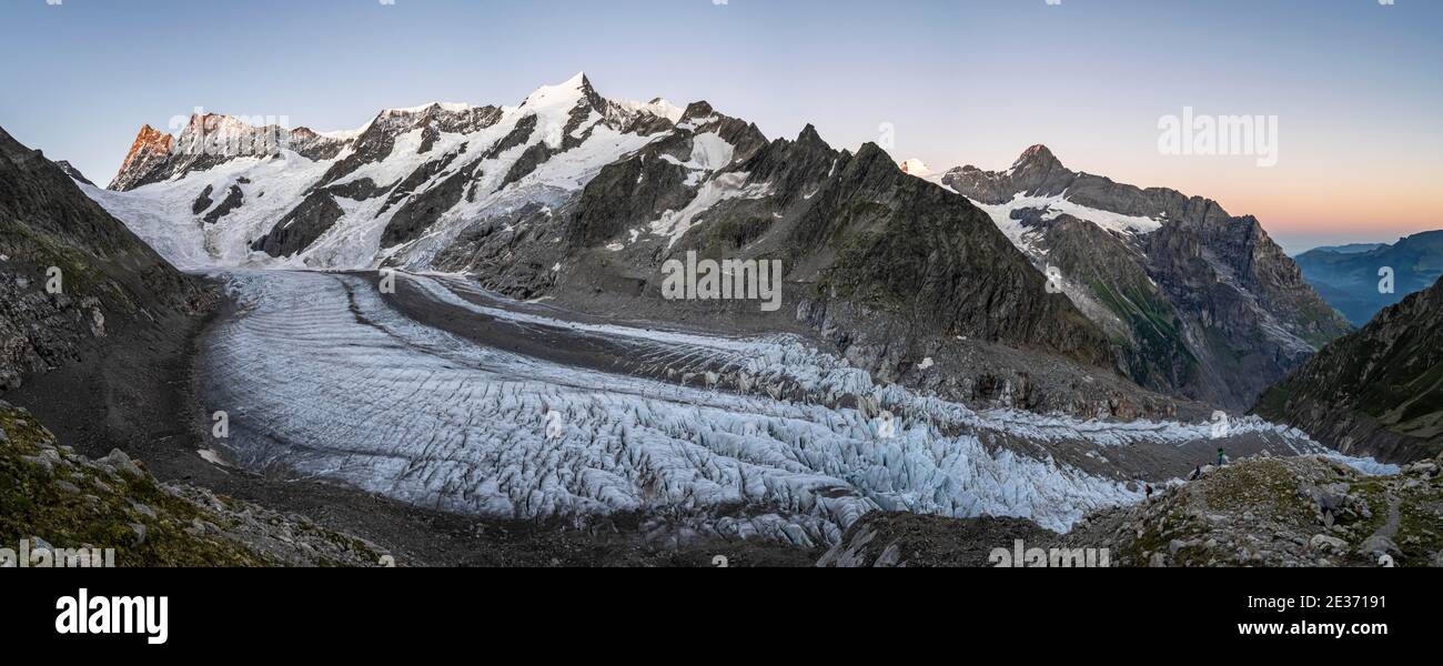 Panorama montano, alto paesaggio alpino, alba, lingua glaciale, ghiacciaio Unteres Eismeer, Finsteraarhorn, Agasszishorn, Grosses Fiescherhorn Foto Stock