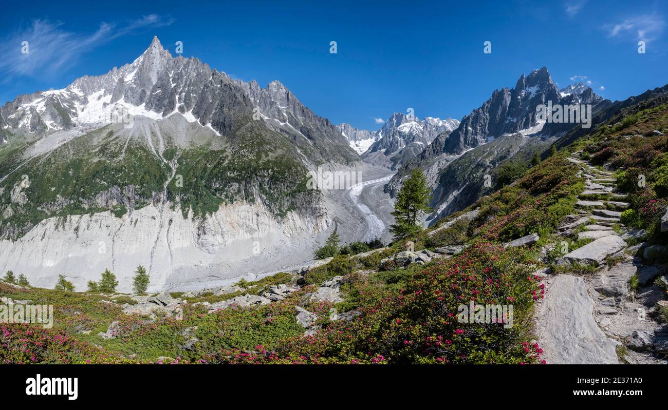 Sentiero escursionistico Grand Balcon Nord, lingua del ghiacciaio Mer de Glace, indietro Grandes Jorasses, massiccio del Monte Bianco, Chamonix, Francia Foto Stock