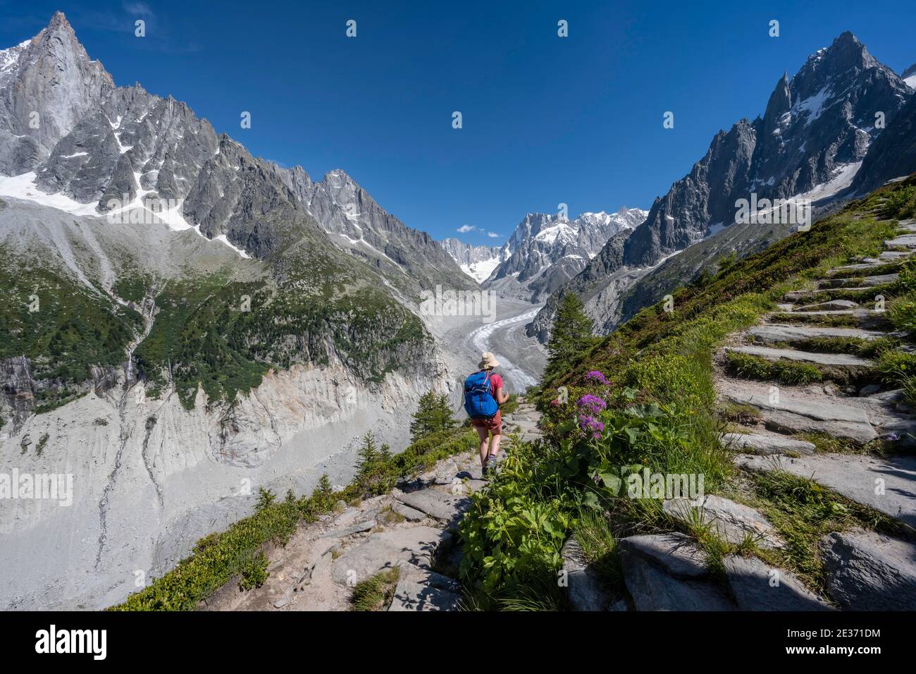 Alpinista sul sentiero escursionistico, Grand Balcon Nord, lingua del ghiacciaio Mer de Glace, dietro Grandes Jorasses, massiccio del Monte Bianco, Chamonix, Francia Foto Stock