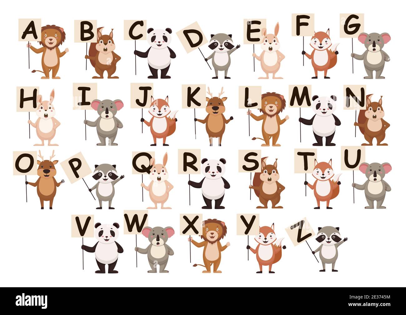 Animali cartoni animati con banner alfabeto. Leone modello con poster saluta scoiattolo stupito con carattere di allenamento. Illustrazione Vettoriale