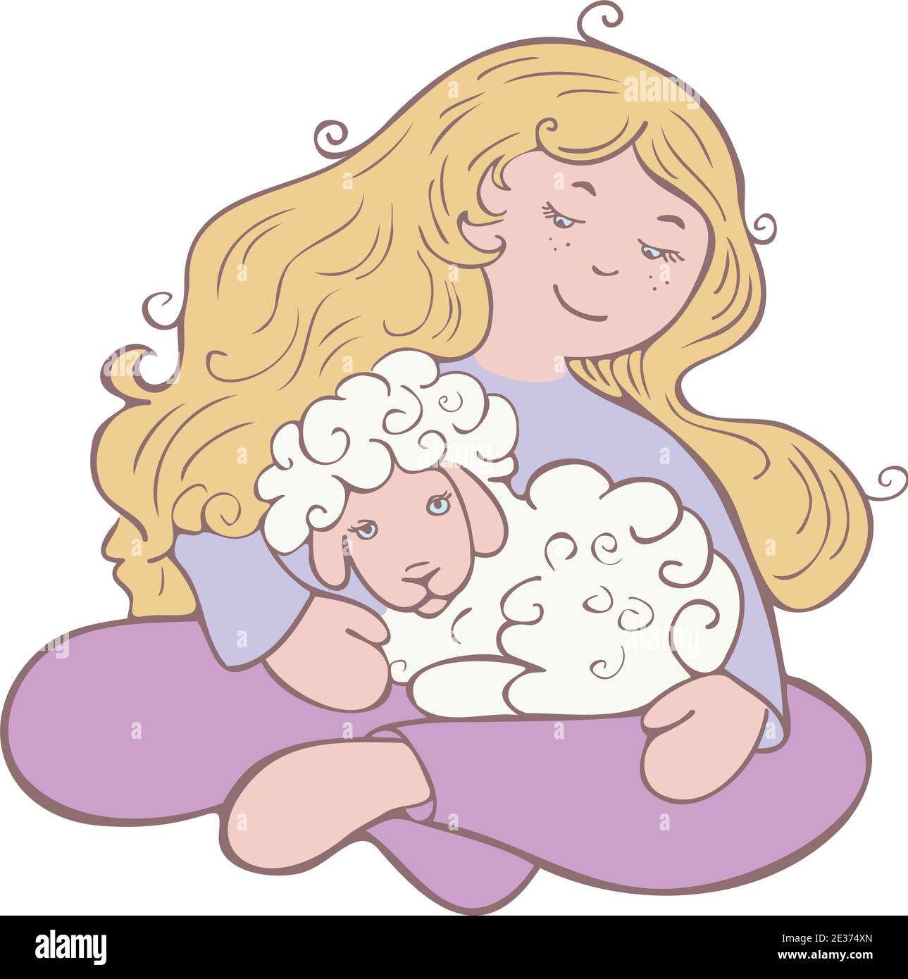 Illustrazione vettoriale di una ragazza che tiene un agnello. Lunga signora capelli con animale. Illustrazione Vettoriale