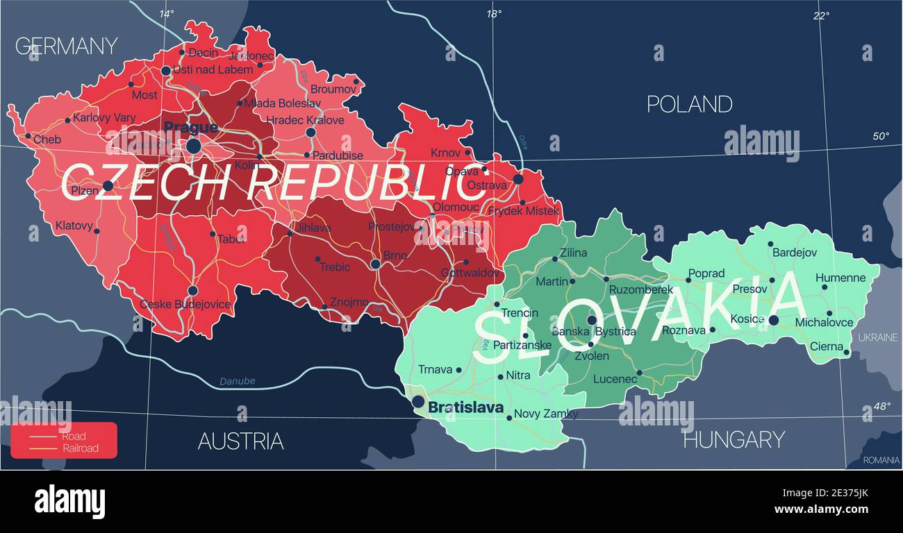Paesi della Repubblica Ceca e della Slovacchia Mappa dettagliata modificabile con regioni città e città, strade e ferrovie, siti geografici. File vettoriale EPS-10 Illustrazione Vettoriale