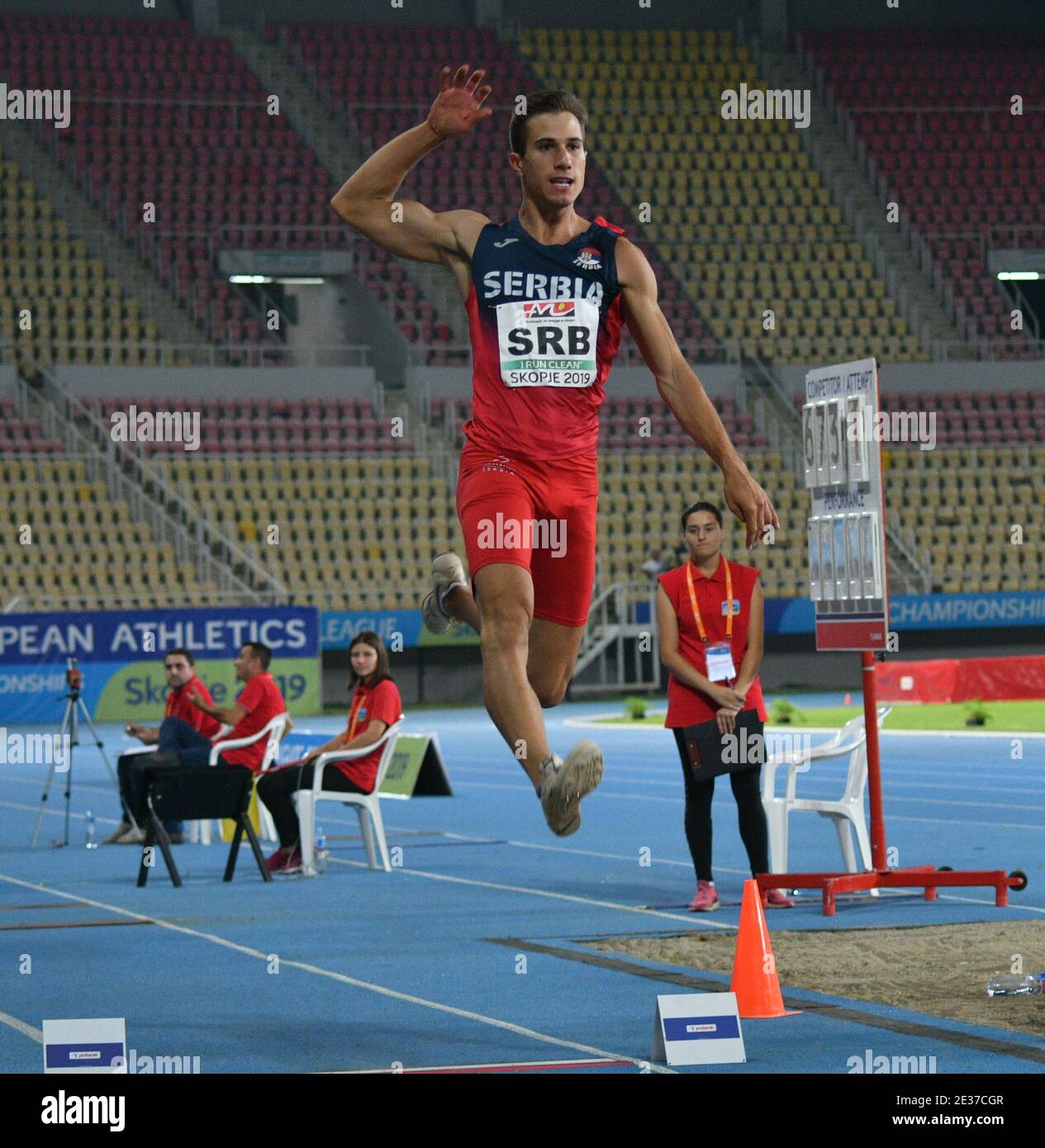 Skopje, Macedonia - 10-11 agosto 2019 Campionati europei di atletica leggera - terza Lega. (salto lungo uomo, salto triplo) Foto Stock