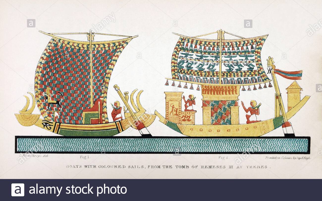 Antico Egitto, Barche con vele colorate, dalla tomba di Ramesses III a Tebe, illustrazione d'epoca del 1837 Foto Stock